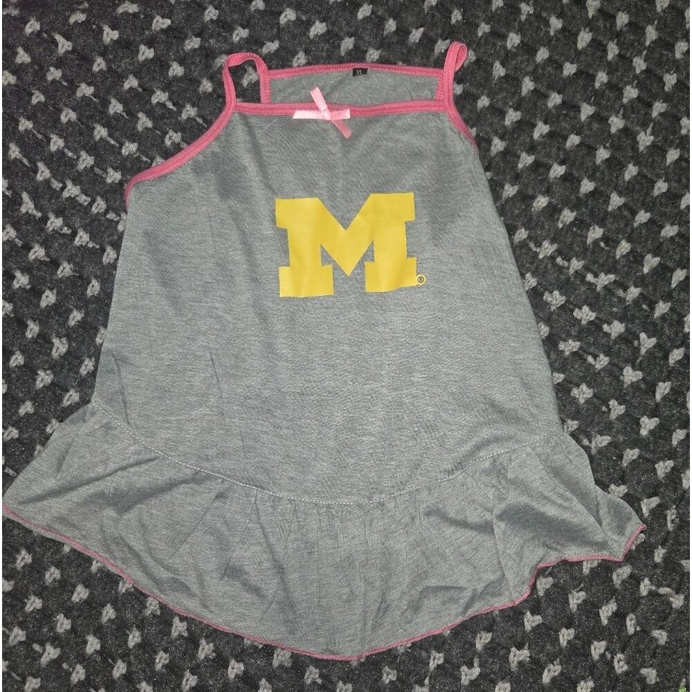 Grey Dog Dress with Yellow University Of Michigan Logo and Pink Trim